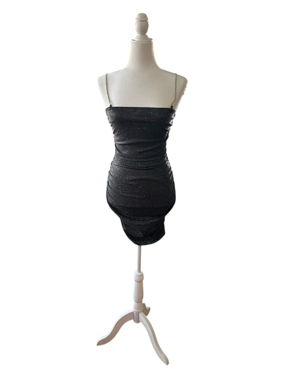 Windsor Black Glitter Sparkle Rhinestone -Strap with ruched detail Mini Dress